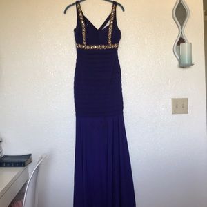 Deep purple & gold embellished prom gown
